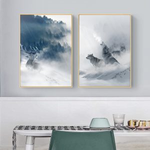 Nordic Black White Animal Poster Wolf Elk Wall Art Canvas Painting Forest Snow Mountain Print Picture for Living Room Home Decor