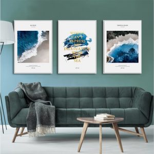 Nordic Decoration Blue Ocean Landscape Canvas Painting Golden Quotes Wall Art Posters and prints Wall Pictures for Living Room