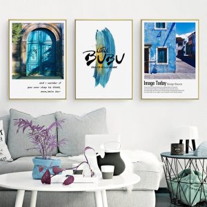 Nordic Decoration House Gate Print Blue Town Landscape Canvas Painting Modern Quotes Wall Art Poster Picture For Living Room