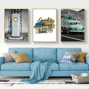 Nordic Decoration Nostalgic Petrol Station Print Blue Car Canvas Painting Modern Quotes Wall Art Poster Picture For Living Room