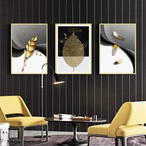 Nordic Golden Leaves Canvas Poster Feather Bird Abstract Painting Wall Art Print Decorative Pictures for Living room Home Decor