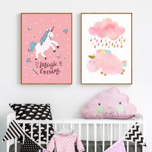 Nordic Pink Cartoon Unicorn Canvas Painting Cute Animal Print Wall Art Poster Wall Picture for Nursery Kids Baby Room Home Decor