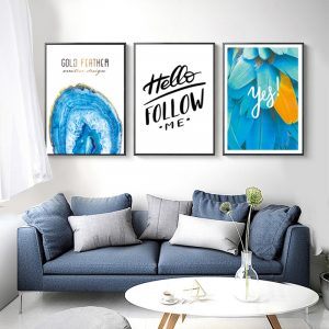 Nordic Style Blue Golden Feather Wall Art Posters and Prints Minimalist Quote Canvas Painting Decorative Picture for Living Room