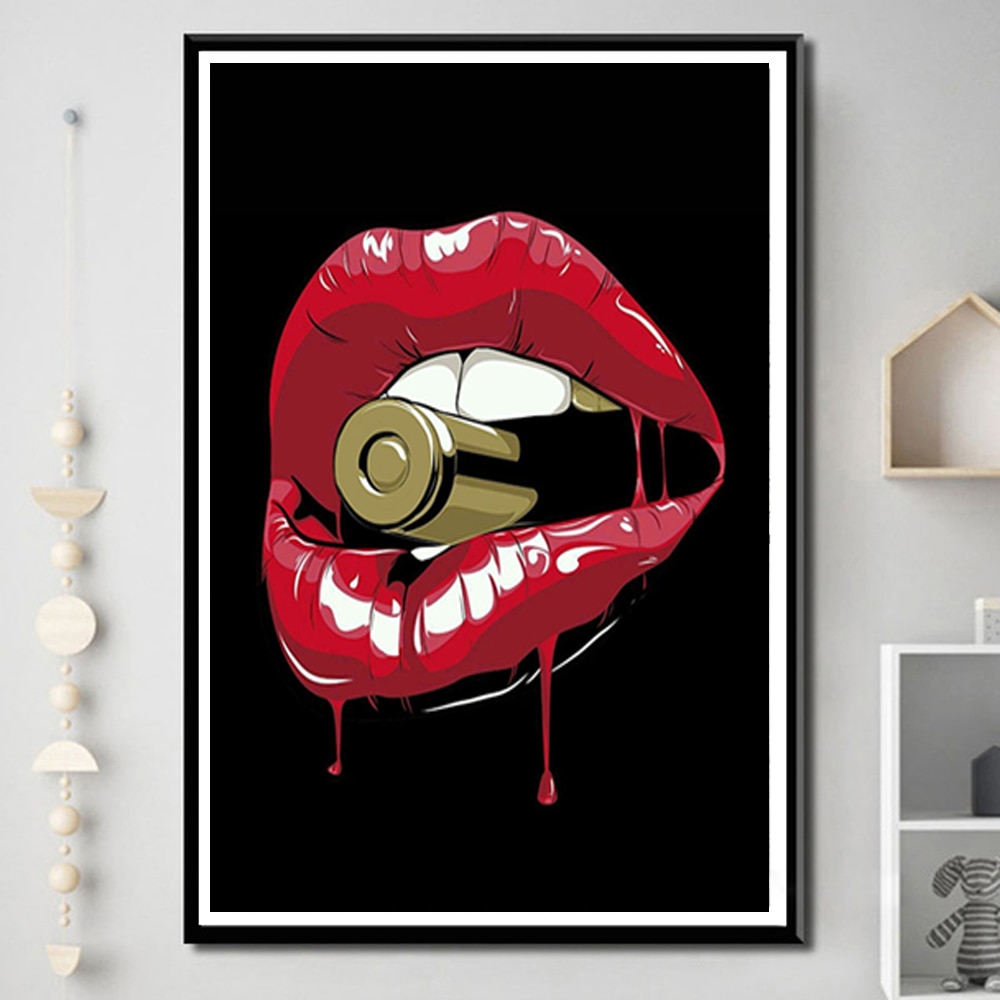 Red Lips With Bullets on Black Background Canvas Painting Figure Abstract  Poster and Printing Picture For Living Room Home Decor – Nordic Wall Decor