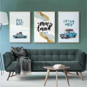 Snow Landscape Wall Art Canvas Painting Vintage Blue Car Quote Nordic Posters and prints Wall Picture for Living Room Home Decor