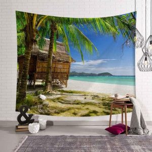 Tropical Palm Tree Leaves Tapestry Wall Hanging Seaside Sunset Landscape Tapestries Yoga Beach Towel/Mat Bohemian Decor for Home No6