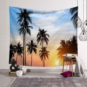 Tropical Palm Tree Leaves Tapestry Wall Hanging Seaside Sunset Landscape Tapestries Yoga Beach Towel/Mat Bohemian Decor for Home No7