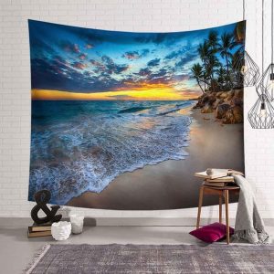 Tropical Palm Tree Leaves Tapestry Wall Hanging Seaside Sunset Landscape Tapestries Yoga Beach Towel/Mat Bohemian Decor for Home No3