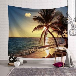 Tropical Palm Tree Leaves Tapestry Wall Hanging Seaside Sunset Landscape Tapestries Yoga Beach Towel/Mat Bohemian Decor for Home No2