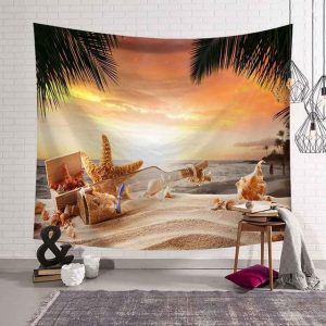 Tropical Palm Tree Leaves Tapestry Wall Hanging Seaside Sunset Landscape Tapestries Yoga Beach Towel/Mat Bohemian Decor for Home No10