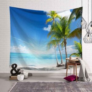 Tropical Palm Tree Leaves Tapestry Wall Hanging Seaside Sunset Landscape Tapestries Yoga Beach Towel/Mat Bohemian Decor for Home No1