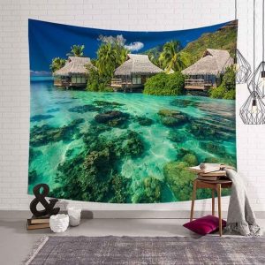 Tropical Palm Tree Leaves Tapestry Wall Hanging Seaside Sunset Landscape Tapestries Yoga Beach Towel/Mat Bohemian Decor for Home