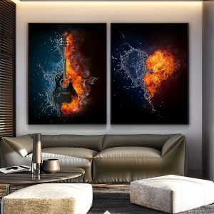 Abstract Music Guitar Heart Fire Water Wall Poster Modern Style Canvas Print Painting Art Aisle Living Room Unique Decoration