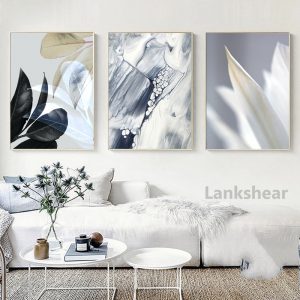 Grey Abstract Painting Scandinavian Marble Poster Black Leaf Print Botanical Canvas Print Wall Art Picture Living Room Decor