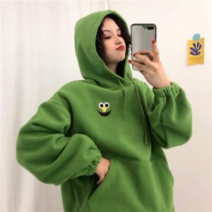 Women's Autumn Hooded Hoodies Sweatshirt Plus Velvet Pockets Oversize Sweatshirts Women Spring Embroidered Cartoon Sweatshirts