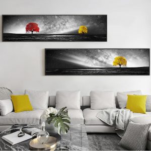 Nordic Poster Black and White Wall Art Canvas Yellow Bridge Stone Tree Painting Modern Minimalist Wall Pictures for Living Room