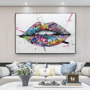 Show Teeth Lips Street Graffiti Art Canvas Painting on The Wall Posters and Prints Wall Art Picture for Living Room Home Decor