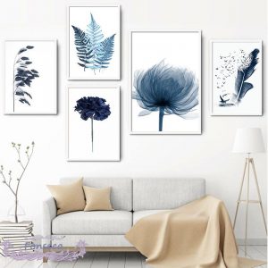 Watercolor Blue Botanical Leaf Poster Minimalist Nordic Flowers Plant Canvas Painting Wall Art Pictures for Living Room Decor