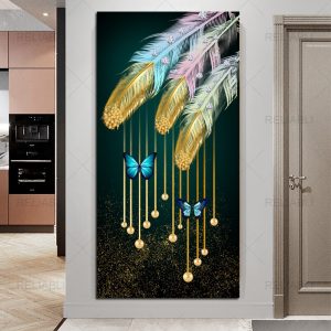 Modern Blue Gold Feather Butterfly Abstract Canvas Painting Wall Art Print and Poster Picture for Living Room Home Decoration - Color 4