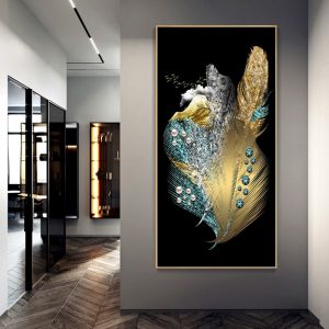 Modern Blue Gold Feather Butterfly Abstract Canvas Painting Wall Art Print and Poster Picture for Living Room Home Decoration - Feather 1