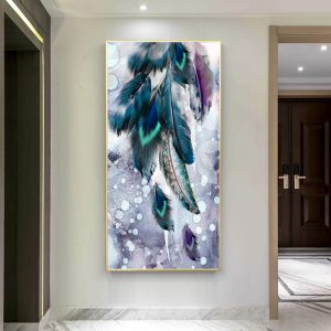 Modern Blue Gold Feather Butterfly Abstract Canvas Painting Wall Art Print and Poster Picture for Living Room Home Decoration - S10