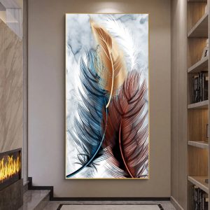 Modern Blue Gold Feather Butterfly Abstract Canvas Painting Wall Art Print and Poster Picture for Living Room Home Decoration - S11