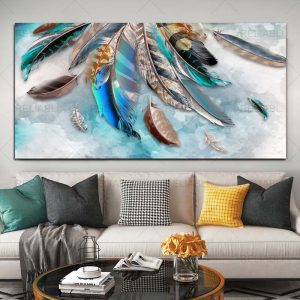 Modern Blue Gold Feather Butterfly Abstract Canvas Painting Wall Art Print and Poster Picture for Living Room Home Decoration - S5