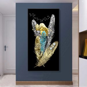 Modern Blue Gold Feather Butterfly Abstract Canvas Painting Wall Art Print and Poster Picture for Living Room Home Decoration - S8
