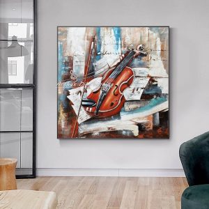 Arthyx Handpainted Musical Instruments Oil Painting On Canvas Modern Abstract Violin Wall Art Picture For Living Room Home Decor
