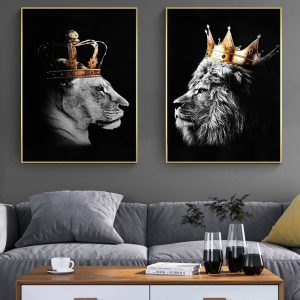 Nordic Black White Lion King and Queen Animal Canvas Painting On The Wall Art Posters Prints Decor Mural Pictures For Room Decor