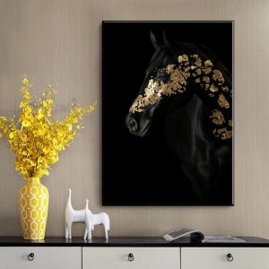 Black Animal Golden Horse Canvas Painting Wall Art Decor Steed Modern Posters Prints Pictures For Living Room Bedroom Decor Gift