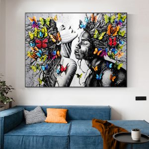 Abstract Figure Painting Black Naked Couple Colorful Butterfly Print Poster Canvas Wall Art Pictures for Living Room Home Decor