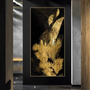 Entrance Painting Golden Leaf Feather Poster Wall Art For Living Room Abstract Luxury Pictures Modern Home Decor Canvas Prints