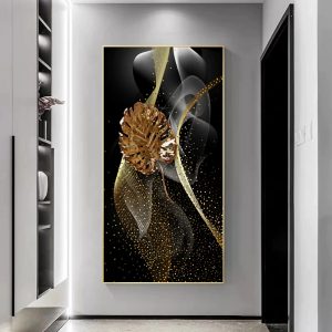 Entrance Painting Golden Leaf Feather Poster Wall Art For Living Room Abstract Luxury Pictures Modern Home Decor Canvas Prints Golden D