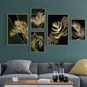 Nordic Black Golden Leaves Canvas Print Painting on The Wall Art Posters Modern Abstract Pictures for Living Room Aisle Decor
