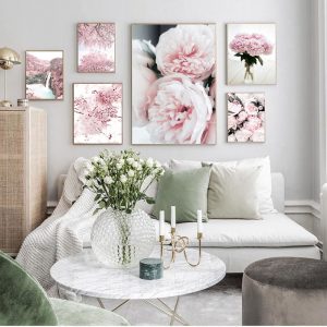 Cherry Blossoms Peony Carnation Flower Mountain Nordic Posters And Prints Wall Art Canvas Painting Wall Pictures For Living Room