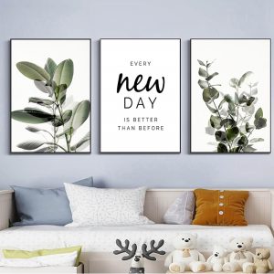 Green Plant Leaves Poster Print Eucalyptus Wall Art Canvas Painting Picture for Living Room Optimistic Quote Home Decoration