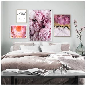 Islamic Allah Muhammed Pink Peony Marble Canvas Paintings Muslim Poster Print Wall Art Picture for Living Room Decoration