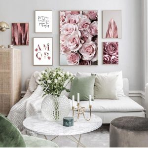 Scandinavian Fashion  Rose Flower Feather Nordic Style Wall Art Canvas Print Painting Modern Living Room Decor Picture