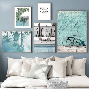 Tropical Decoration Canvas Painting Blue Sea Bicycle Landscape Poster Nordic Print Decorative Wall Art Picture Living Room Decor