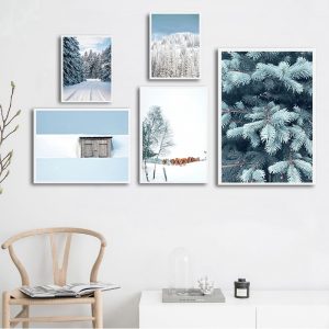 Winter Snow Forest Plant Animal Landscape Canvas Painting Nordic Cow Wooden House Posters and Prints Wall Pictures for Room