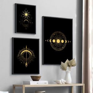 Black Gold Sun Moon Star Canvas Poster Print Modern Home Decor Abstract Wall Art Painting Nordic Living Room Decoration Picture