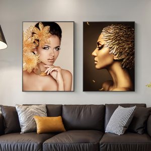 Fashion Golden Luxury Flowers Woman Canvas Poster Modern Abstract Painting Wall Art Feather Print Pictures for Living Room Decor