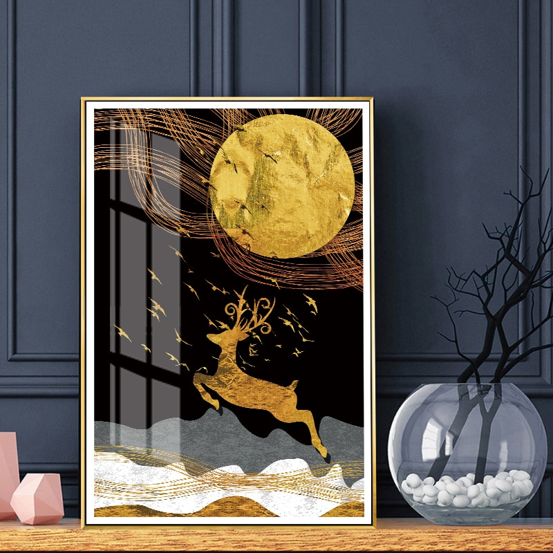 Golden Deer Birds Nordic Poster Landscape Abstract Canvas Painting Wall ...