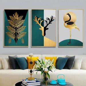 Golden Geometric Leaf Deer Wall Art Canvas Abstract Painting Nordic Posters and Prints Wall Pictures for Living Room Home Decor