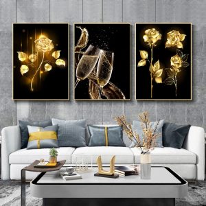 Nordic Black Gold Flower Red Wine Glass Living Room Restaurant Canvas Painting Hotel Wall Art Decoration Poster Home Decor