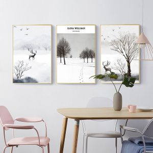 Nordic Poster Black and White Deer Landscape Wall Art Print Canvas Painting Winter Decoration Home Wall Pictures for Living Room