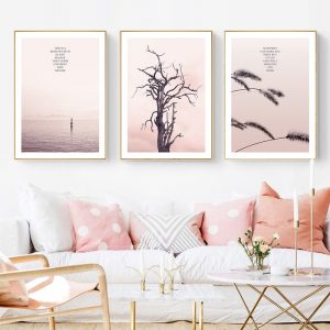 Nordic Style Pink Sea Landscape Poster Print Tree Reed Life Quotes Wall Art Canvas Painting Picture for Living room Home Decor