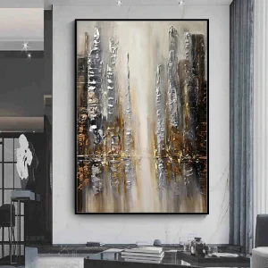 Abstract Thick Texture Building Oil Painting On Canvas Handmade City Picture Vertical Wall Art For Modern Home Decoration