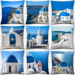 45*45cm Greece Santorini Series Pattern Pillow Square Pillowcase Cushion Cover Home Sofa Textile Pillow Case